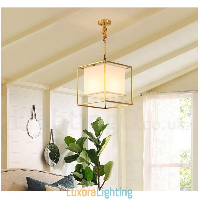 Designer Touch Decorative Pure Brass Simple Rustic Retro Vintage Brass Pendant Light with Fabric Shade