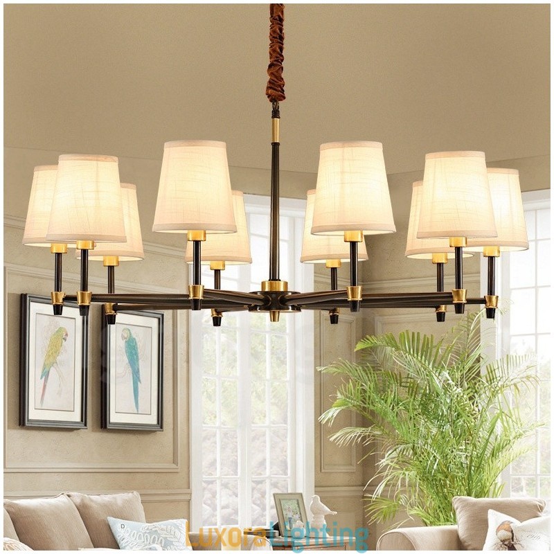 Designer Touch Decorative Pure Brass Large Luxurious Rustic Retro Vintage Brass Pendant Chandelier with Fabric Shades