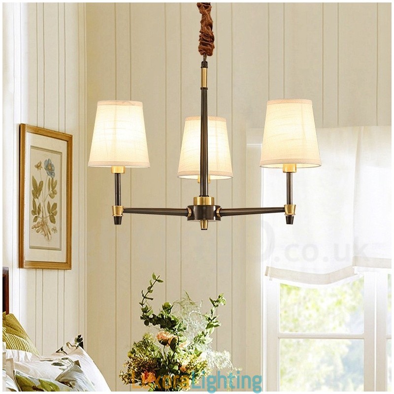 Designer Touch Decorative Pure Brass Large Luxurious Rustic Retro Vintage Brass Pendant Chandelier with Fabric Shades