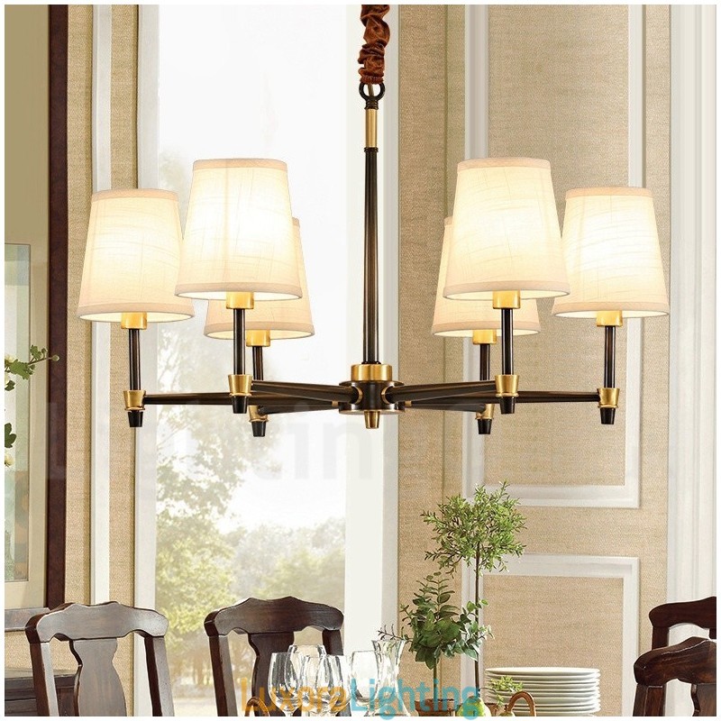 Designer Touch Decorative Pure Brass Large Luxurious Rustic Retro Vintage Brass Pendant Chandelier with Fabric Shades
