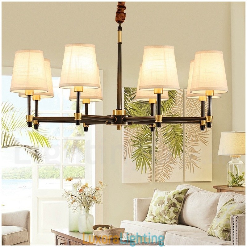 Designer Touch Decorative Pure Brass Large Luxurious Rustic Retro Vintage Brass Pendant Chandelier with Fabric Shades