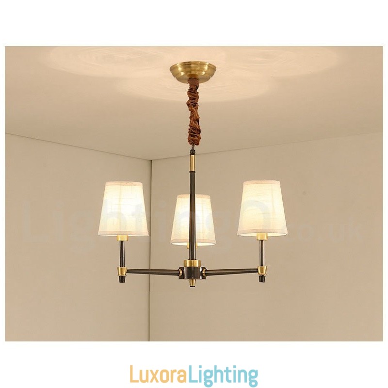 Designer Touch Decorative Pure Brass Large Luxurious Rustic Retro Vintage Brass Pendant Chandelier with Fabric Shades