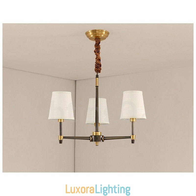 Designer Touch Decorative Pure Brass Large Luxurious Rustic Retro Vintage Brass Pendant Chandelier with Fabric Shades