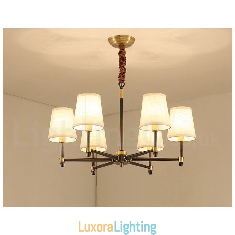Designer Touch Decorative Pure Brass Large Luxurious Rustic Retro Vintage Brass Pendant Chandelier with Fabric Shades