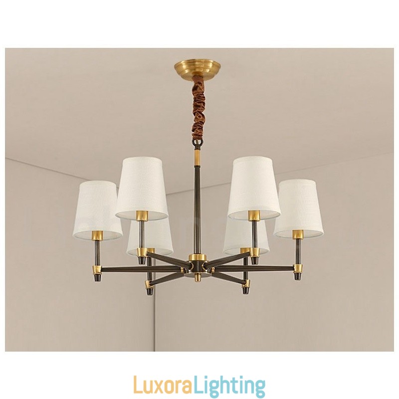 Designer Touch Decorative Pure Brass Large Luxurious Rustic Retro Vintage Brass Pendant Chandelier with Fabric Shades