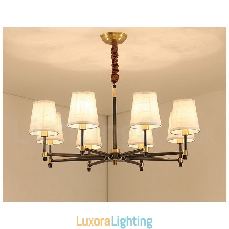 Designer Touch Decorative Pure Brass Large Luxurious Rustic Retro Vintage Brass Pendant Chandelier with Fabric Shades