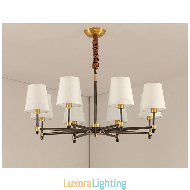 Designer Touch Decorative Pure Brass Large Luxurious Rustic Retro Vintage Brass Pendant Chandelier with Fabric Shades