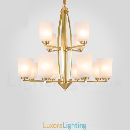 Designer Touch Decorative 12 Light Pure Brass Large Luxurious Rustic Retro Vintage Brass Pendant Chandelier with Glass Shades