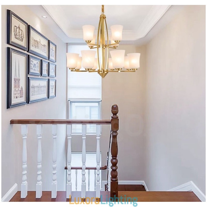 Designer Touch Decorative 12 Light Pure Brass Large Luxurious Rustic Retro Vintage Brass Pendant Chandelier with Glass Shades