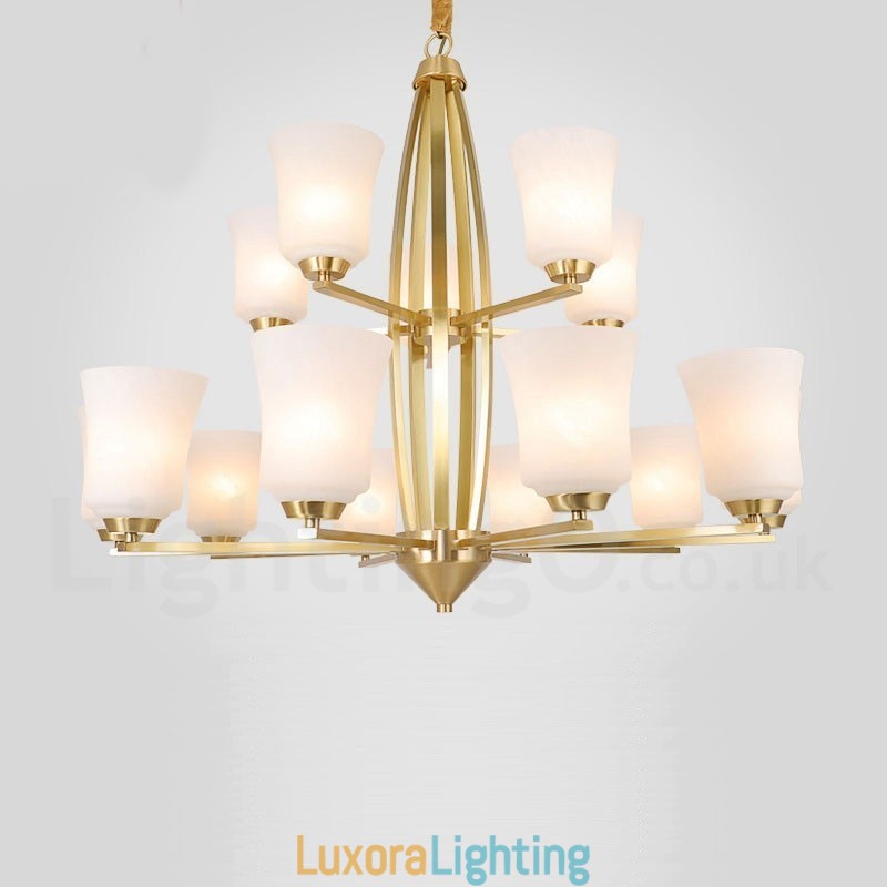 Designer Touch Decorative 15 Light Pure Brass Large Luxurious Rustic Retro Vintage Brass Pendant Chandelier with Glass Shades