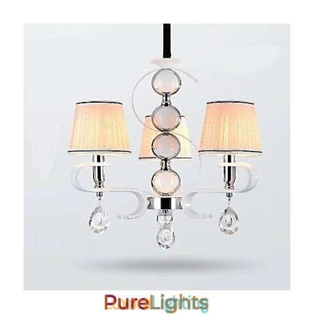Designer Touch Decorative Fabric Chandelier 3 Light High Grade Lamp White Jade Silver Ring