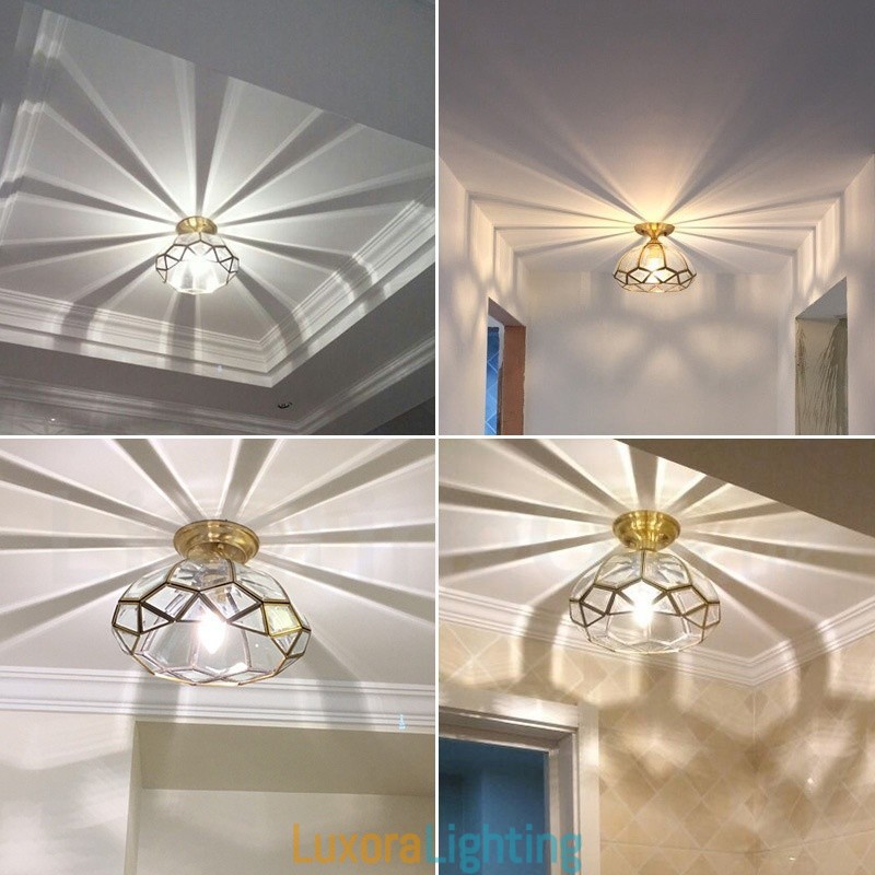 Designer Touch Decorative Pure Brass Rustic Lodge Nordic Style Flush Mount Ceiling Light with Glass Shade