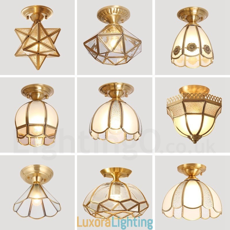 Designer Touch Decorative Pure Brass Rustic Lodge Nordic Style Flush Mount Ceiling Light with Glass Shade