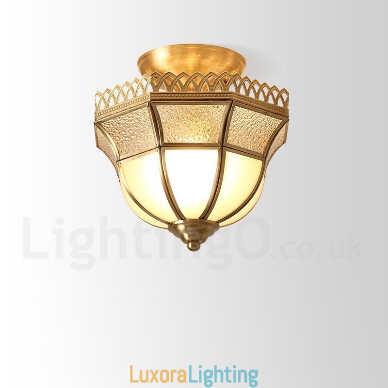 Designer Touch Decorative Pure Brass Rustic Lodge Nordic Style Flush Mount Ceiling Light with Glass Shade