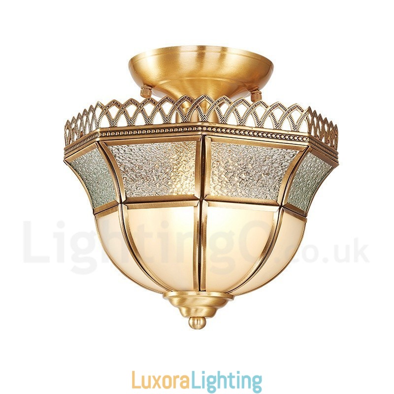 Designer Touch Decorative Pure Brass Rustic Lodge Nordic Style Flush Mount Ceiling Light with Glass Shade