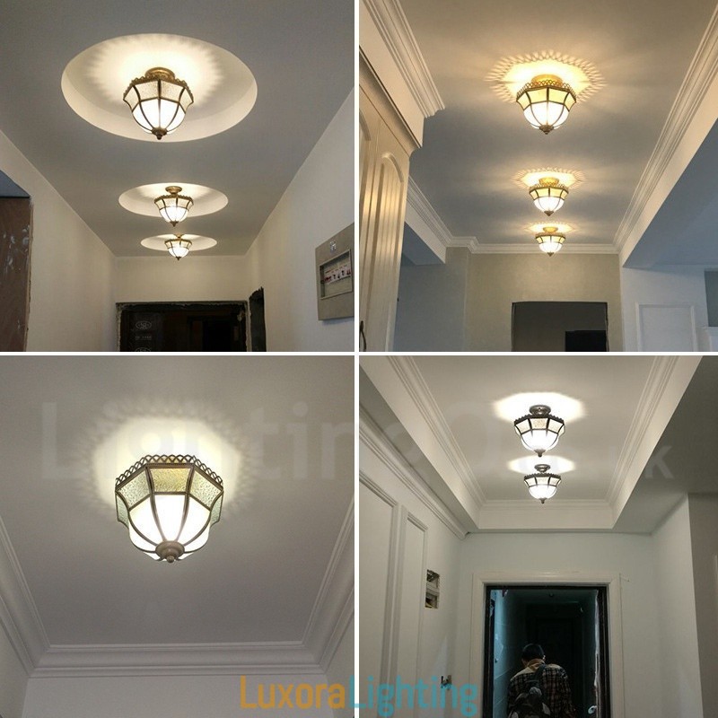 Designer Touch Decorative Pure Brass Rustic Lodge Nordic Style Flush Mount Ceiling Light with Glass Shade