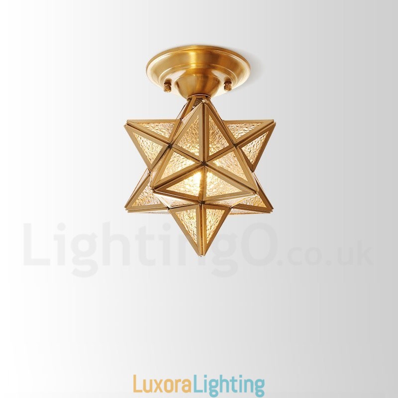 Designer Touch Decorative Pure Brass Rustic Lodge Nordic Style Flush Mount Ceiling Light with Glass Shade