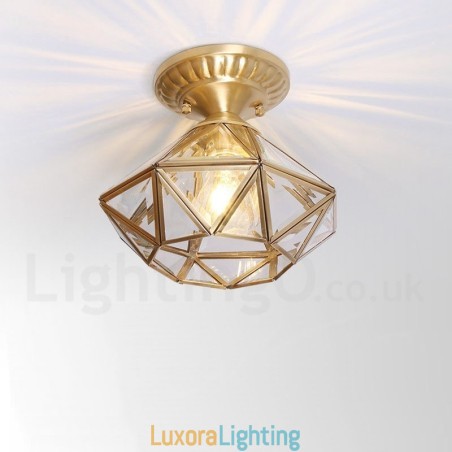 Designer Touch Decorative Pure Brass Rustic Lodge Nordic Style Flush Mount Ceiling Light with Glass Shade