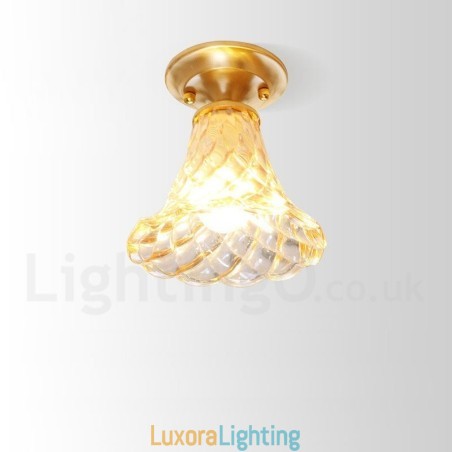 Designer Touch Decorative Pure Brass Rustic Lodge Nordic Style Flush Mount Ceiling Light with Glass Shade