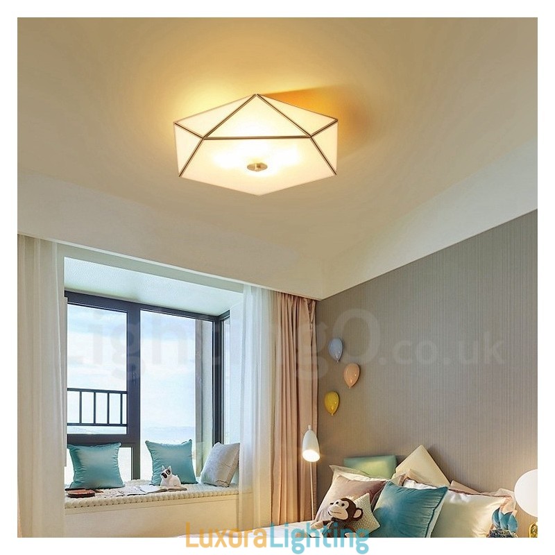 Designer Touch Decorative Pure Brass Rustic Lodge Nordic Style Flush Mount Ceiling Light with Glass Shade