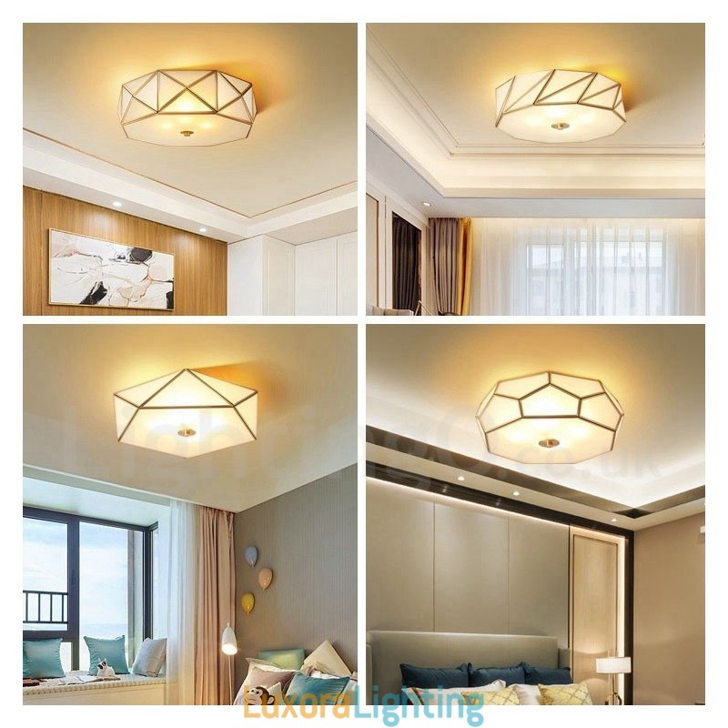 Designer Touch Decorative Pure Brass Rustic Lodge Nordic Style Flush Mount Ceiling Light with Glass Shade