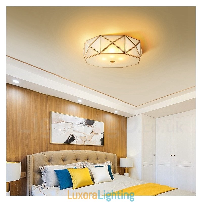 Designer Touch Decorative Pure Brass Rustic Lodge Nordic Style Flush Mount Ceiling Light with Glass Shade