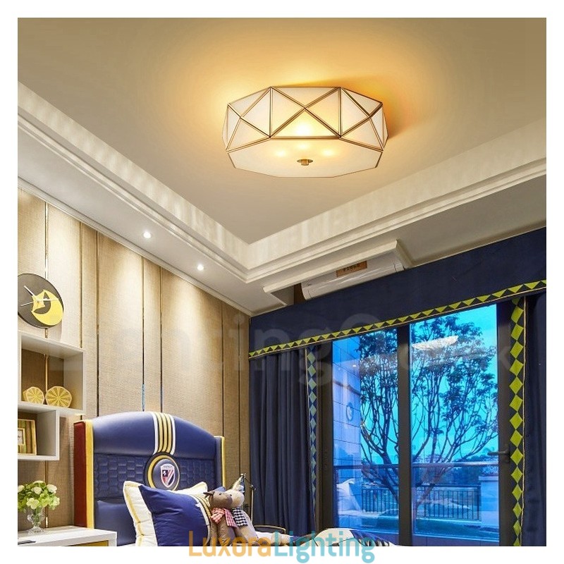 Designer Touch Decorative Pure Brass Rustic Lodge Nordic Style Flush Mount Ceiling Light with Glass Shade