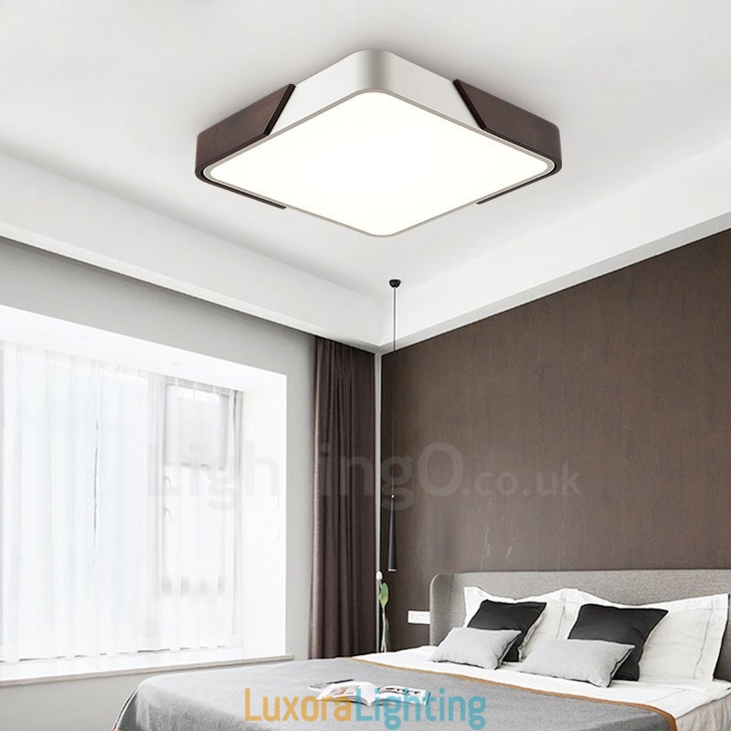 Designer Touch Decorative Retro Walnut Colour Wood Ultra Thin Square Dimmable Flush Mount Ceiling Lights with Acrylic Shade Also Can Be Used As Wall Light
