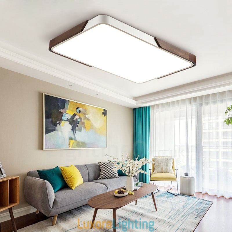 Designer Touch Decorative Retro Walnut Colour Wood Ultra Thin Rectangle Dimmable Flush Mount Ceiling Lights with Acrylic Shade Also Can Be Used As Wall Light