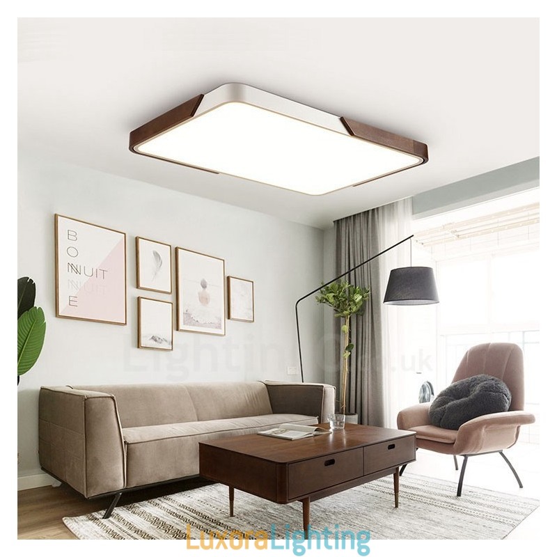 Designer Touch Decorative Retro Walnut Colour Wood Ultra Thin Rectangle Dimmable Flush Mount Ceiling Lights with Acrylic Shade Also Can Be Used As Wall Light