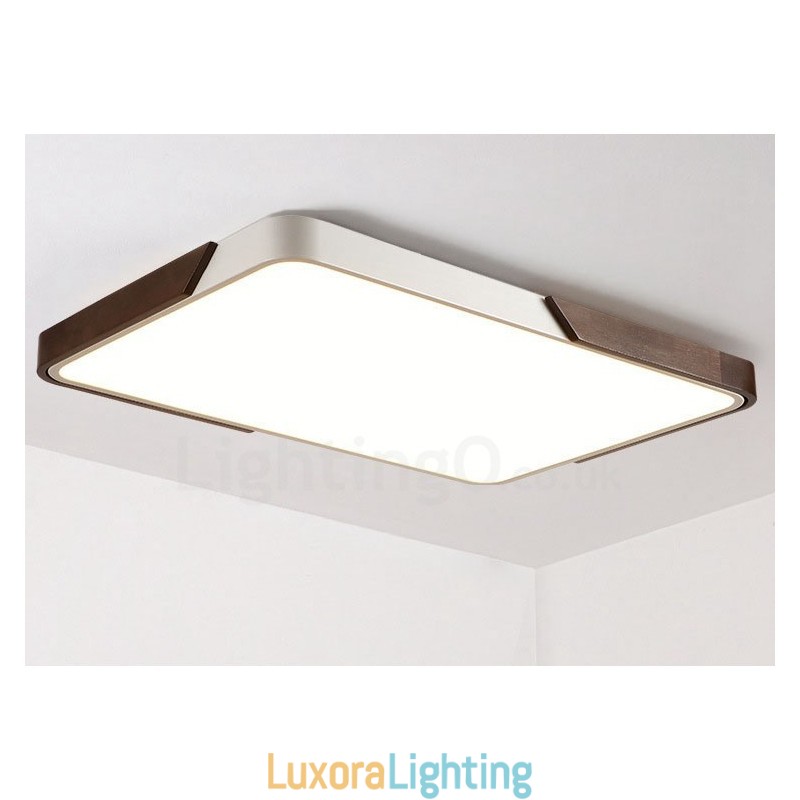 Designer Touch Decorative Retro Walnut Colour Wood Ultra Thin Rectangle Dimmable Flush Mount Ceiling Lights with Acrylic Shade Also Can Be Used As Wall Light