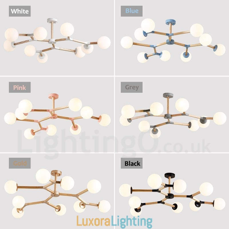 Designer Touch Decorative Wooden Nordic Modern Magic Bean Wood Molecular Chandelier with Glass Shades