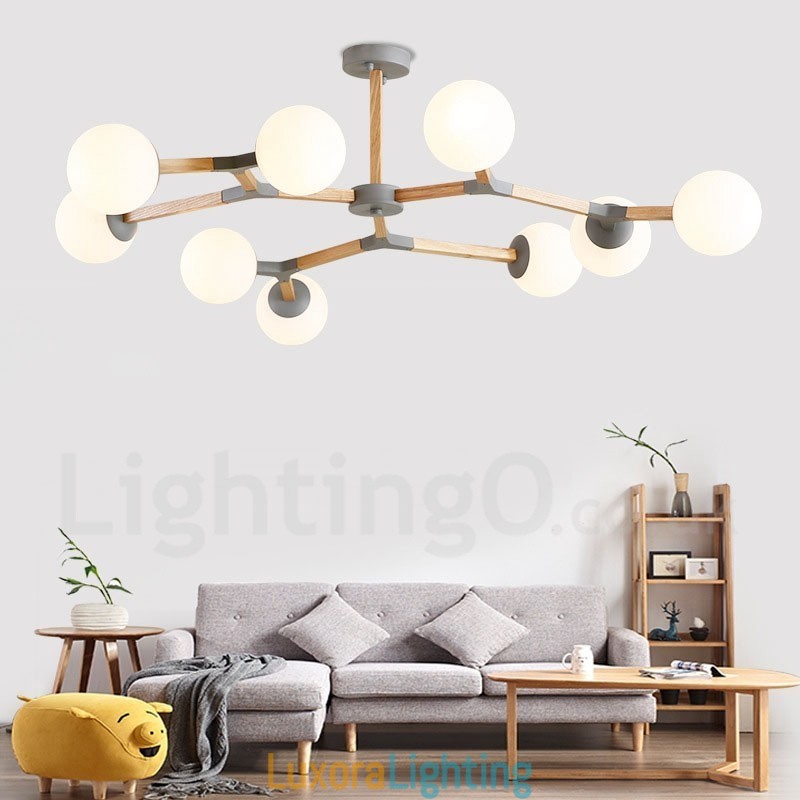 Designer Touch Decorative Wooden Nordic Modern Magic Bean Wood Molecular Chandelier with Glass Shades