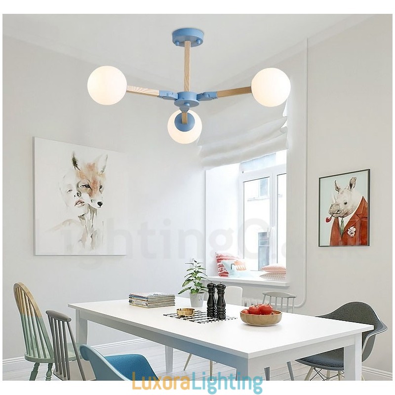 Designer Touch Decorative Wooden Nordic Modern Magic Bean Wood Molecular Chandelier with Glass Shades