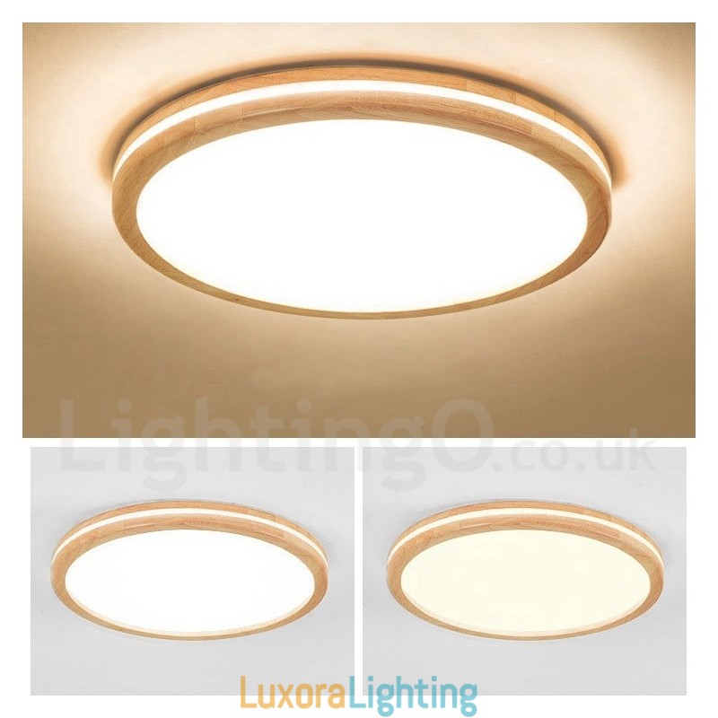 Designer Touch Decorative Dimmable Round Wooden with Lens Modern Contemporary Nordic Style Flush Mount Wood Ceiling Light with Acrylic Shade and Remote Control Also Can Be Used As Wall Light