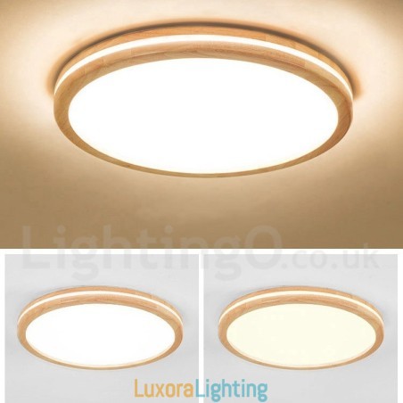 Designer Touch Decorative Dimmable Round Wooden with Lens Modern Contemporary Nordic Style Flush Mount Wood Ceiling Light with Acrylic Shade and Remote Control Also Can Be Used As Wall Light