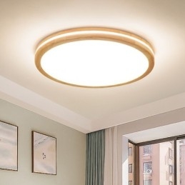 Designer Touch Decorative Dimmable Round Wooden with Lens Modern Contemporary Nordic Style Flush Mount Wood Ceiling Light with Acrylic Shade and Remote Control Also Can Be Used As Wall Light