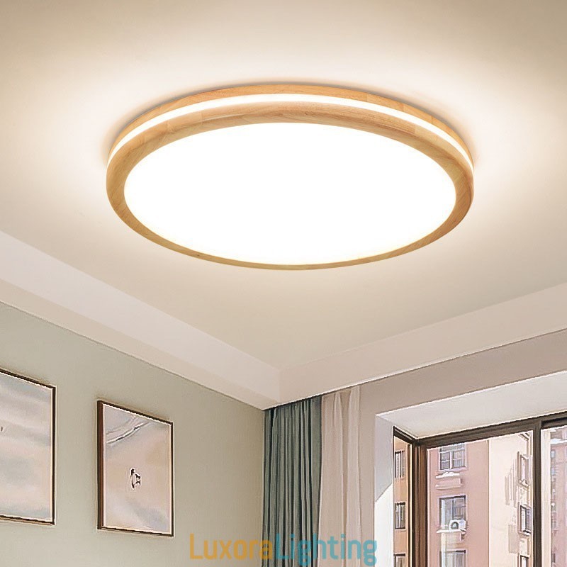 Designer Touch Decorative Dimmable Round Wooden with Lens Modern Contemporary Nordic Style Flush Mount Wood Ceiling Light with Acrylic Shade and Remote Control Also Can Be Used As Wall Light
