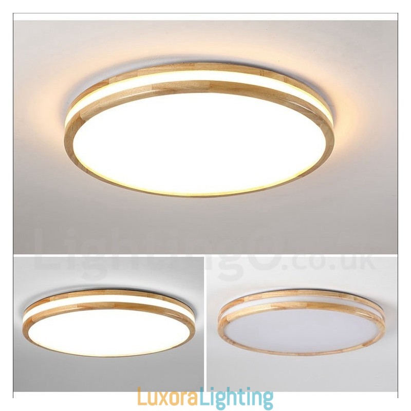 Designer Touch Decorative Dimmable Round Wooden with Lens Modern Contemporary Nordic Style Flush Mount Wood Ceiling Light with Acrylic Shade and Remote Control Also Can Be Used As Wall Light