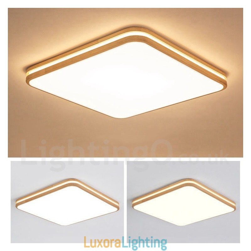 Designer Touch Decorative Square Wooden with Lens Modern Contemporary Nordic Style Flush Mount Wood Ceiling Light with Acrylic Shade and Remote Control Also Can Be Used As Wall Light