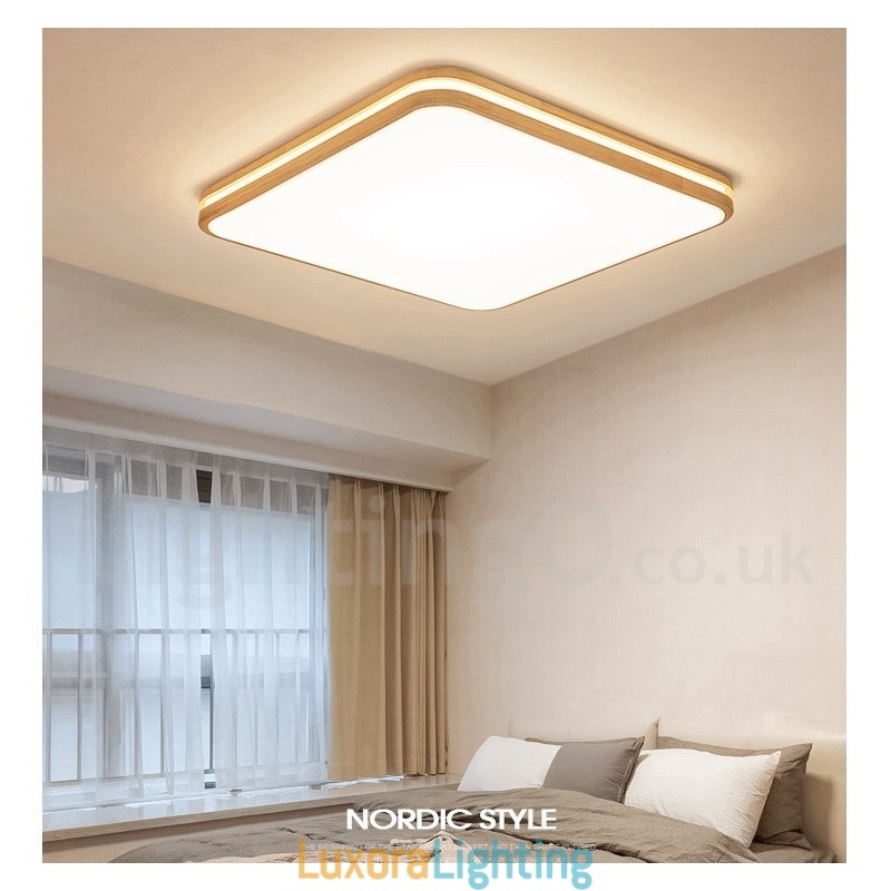 Designer Touch Decorative Square Wooden with Lens Modern Contemporary Nordic Style Flush Mount Wood Ceiling Light with Acrylic Shade and Remote Control Also Can Be Used As Wall Light