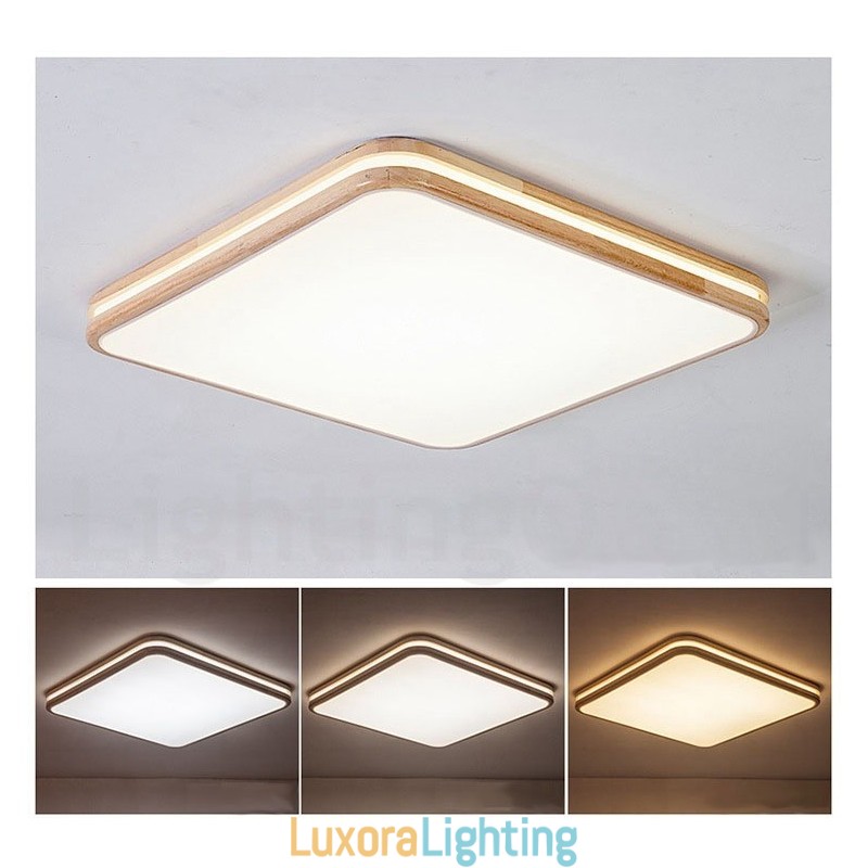 Designer Touch Decorative Square Wooden with Lens Modern Contemporary Nordic Style Flush Mount Wood Ceiling Light with Acrylic Shade and Remote Control Also Can Be Used As Wall Light