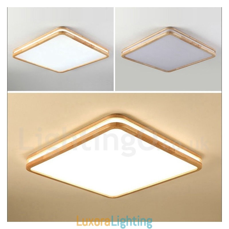 Designer Touch Decorative Square Wooden with Lens Modern Contemporary Nordic Style Flush Mount Wood Ceiling Light with Acrylic Shade and Remote Control Also Can Be Used As Wall Light