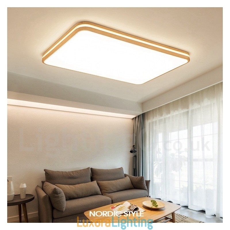 Designer Touch Decorative Dimmable Rectangle Wooden with Lens Modern Contemporary Nordic Style Flush Mount Wood Ceiling Light with Acrylic Shade and Remote Control Also Can Be Used As Wall Light