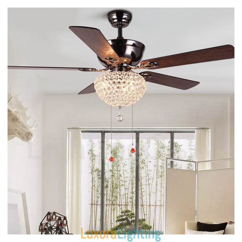Designer Touch Decorative 132CM (52") American Style Wood Retro Remote Control Ceiling Fan Light with Crystal Shade Mute Pure Copper Motor