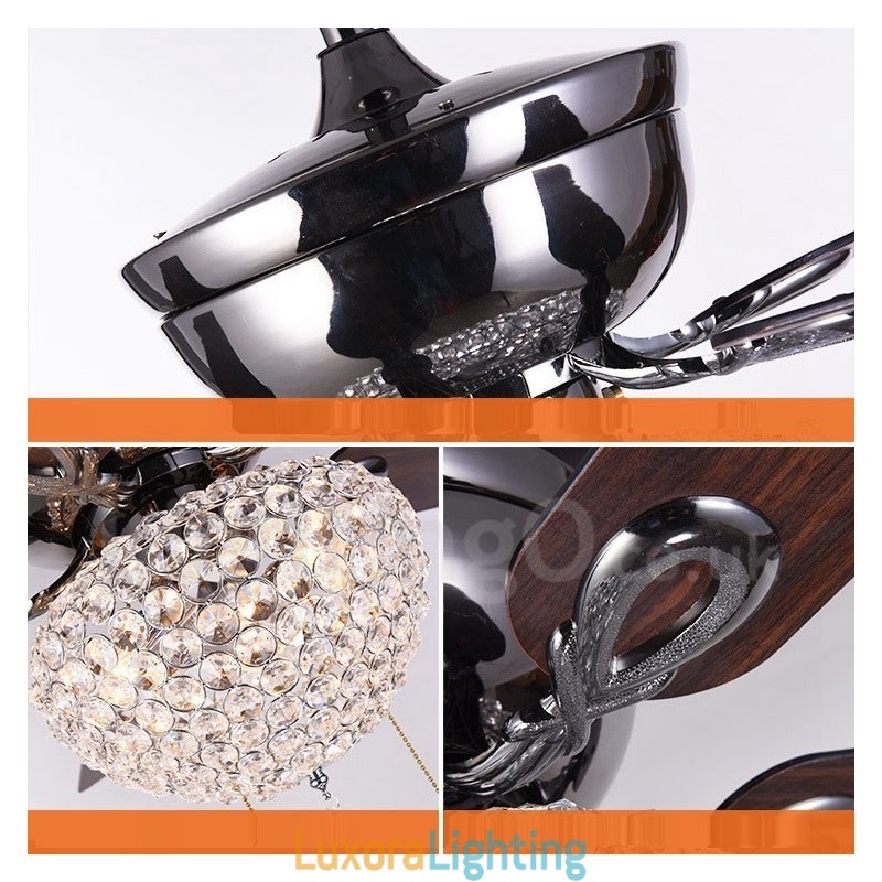 Designer Touch Decorative 132CM (52") American Style Wood Retro Remote Control Ceiling Fan Light with Crystal Shade Mute Pure Copper Motor