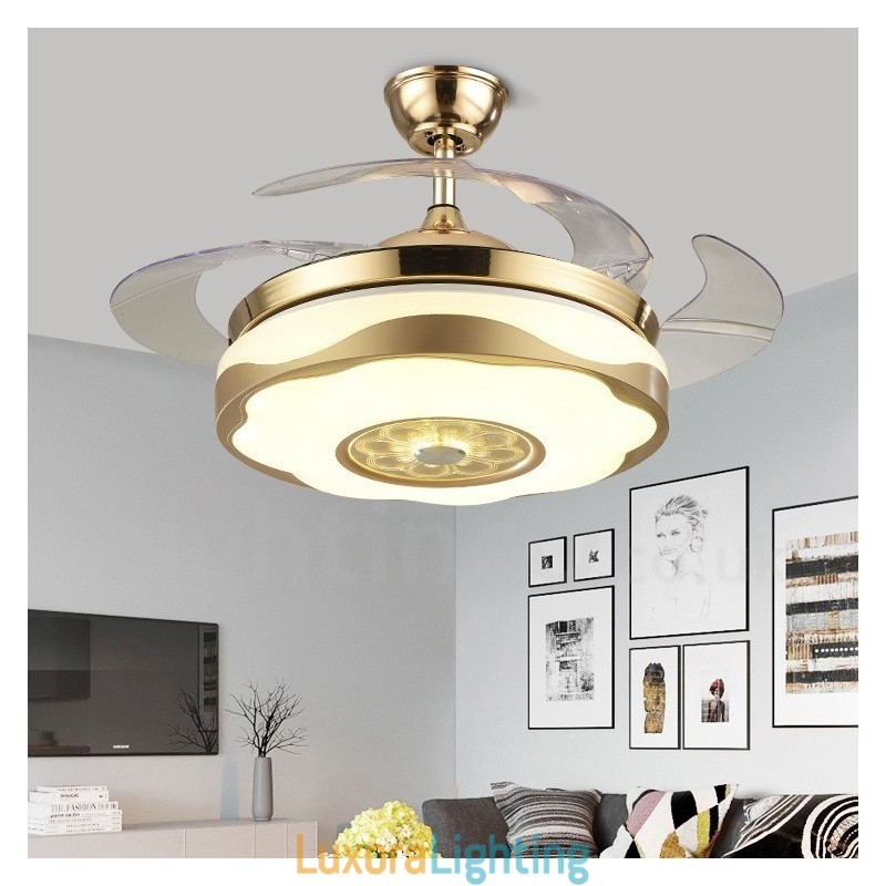 Designer Touch Decorative 108CM (42") 91CM(36") Modern Contemporary Remote Control Gold Colour Ceiling Fan Light with Acrylic Shade Mute Pure Copper Motor