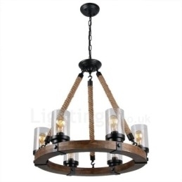 Designer Touch Decorative 6 Light Ring Vintage Wooden Chandelier Industrial Wind Loft Wood Linear Pendant Lighting