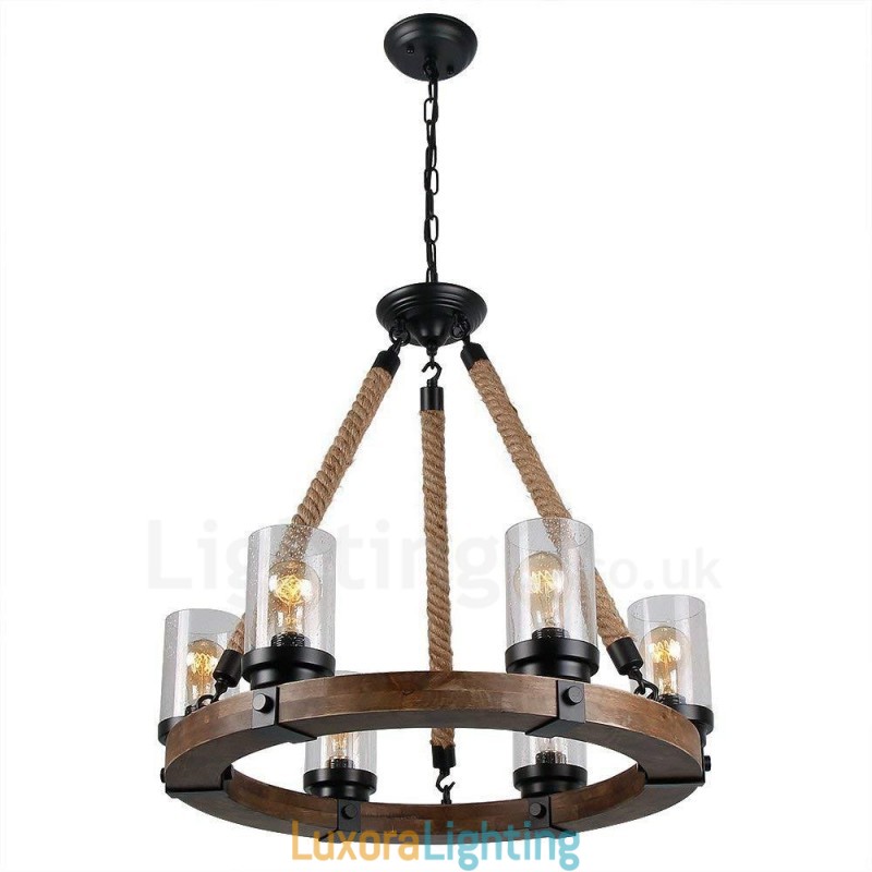 Designer Touch Decorative 6 Light Ring Vintage Wooden Chandelier Industrial Wind Loft Wood Linear Pendant Lighting