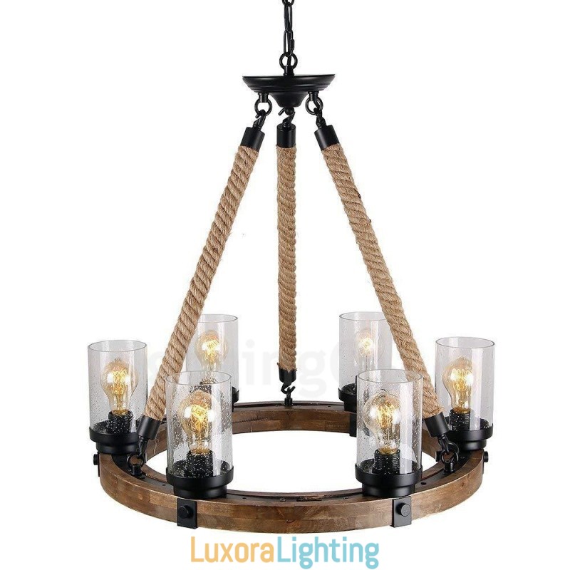 Designer Touch Decorative 6 Light Ring Vintage Wooden Chandelier Industrial Wind Loft Wood Linear Pendant Lighting
